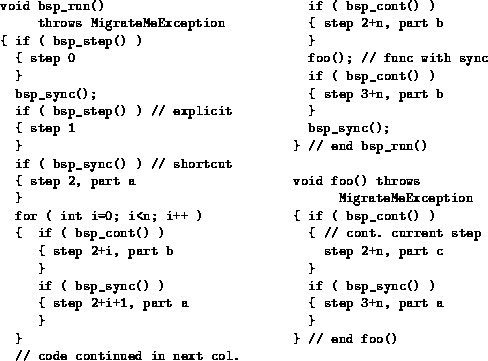 \begin{figure}
\begin{footnotesize}

\begin{verbatim}

void bsp_run() if ( bsp...
 ...)
 // code continued in next col.\end{verbatim}
\end{footnotesize}
\end{figure}