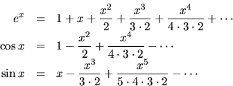 \begin{eqnarray*}e^{x} &=&
1+x+\frac{x^{2}}{2}+\frac{x^{3}}{3\cdot2}+\frac{x^{4}...
...ac{x^{3}}{3\cdot 2}+\frac{x^{5}}{5\cdot 4\cdot 3\cdot 2}- \cdots
\end{eqnarray*}